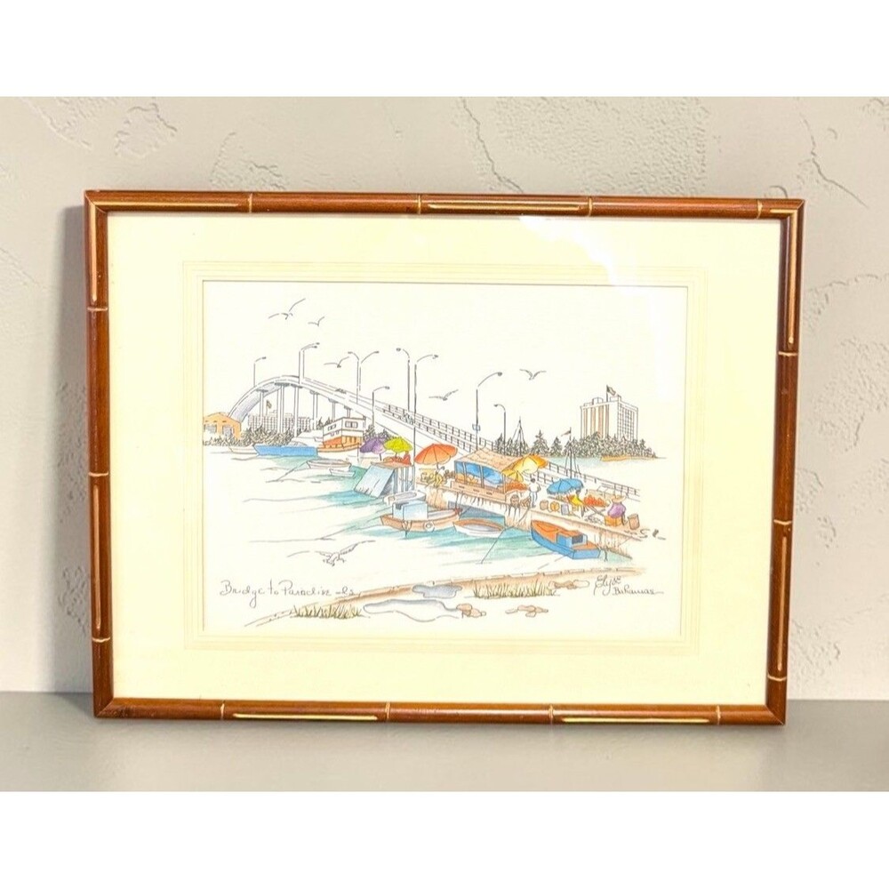 Vtg Elyse Wasile Bridge to Paradise Is Bahamas Bamboo Framed Watercolor Print